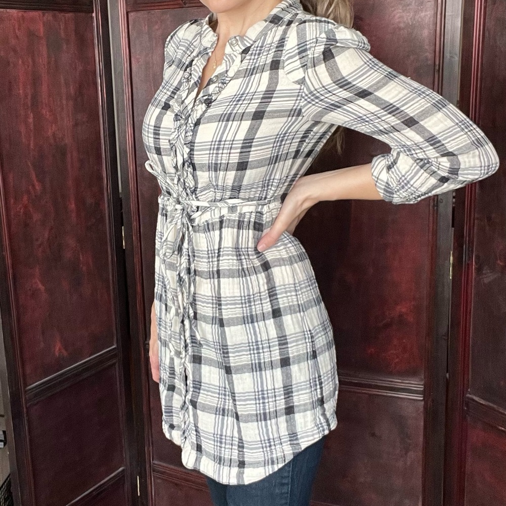 Tulle Cotton black cream plaid button down tunic shirt Dress Size S